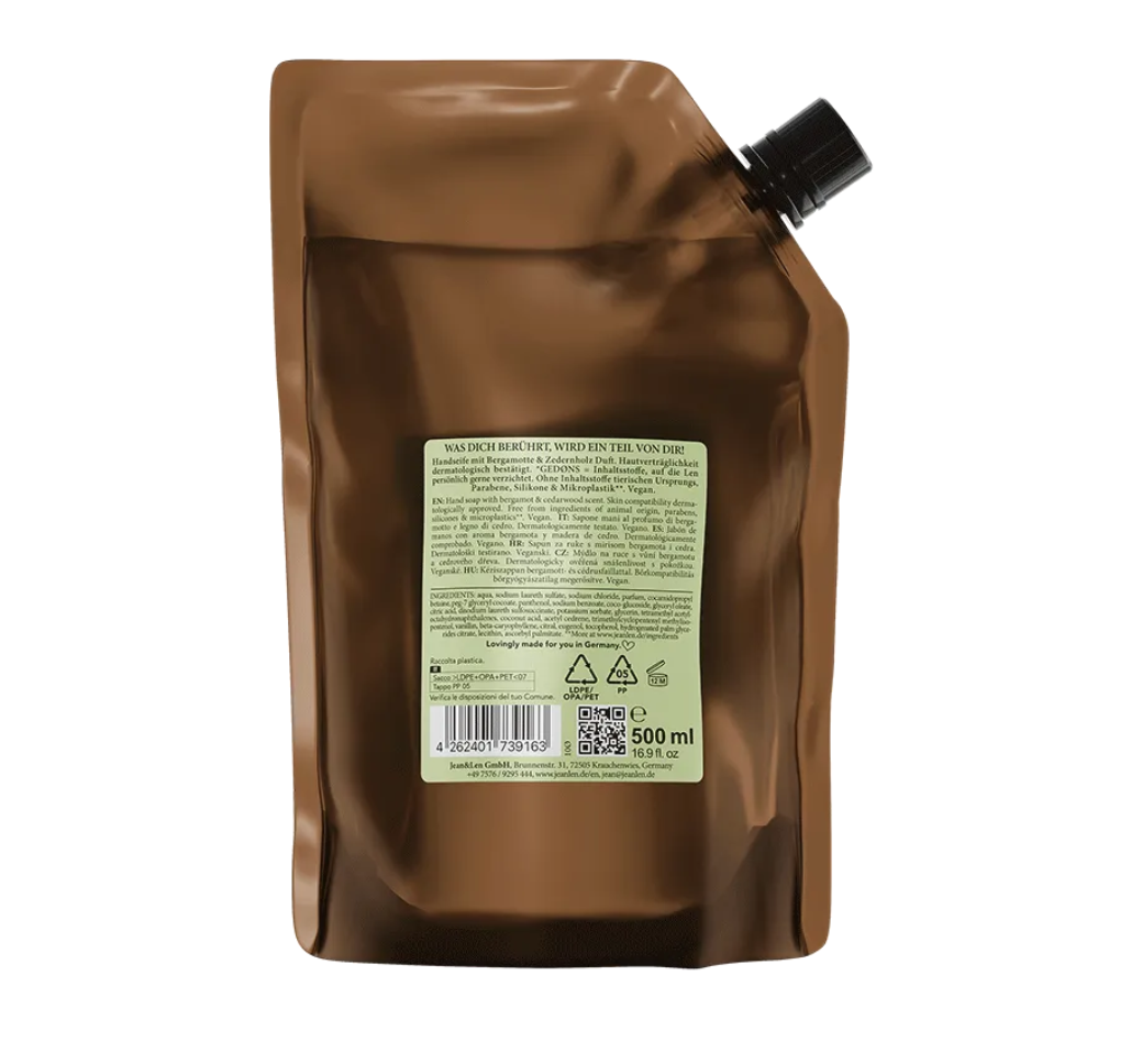 Jean & Len Handzeep Navulverpakking Bergamot & Cedarwood - 500 ml – extra afbeelding 1