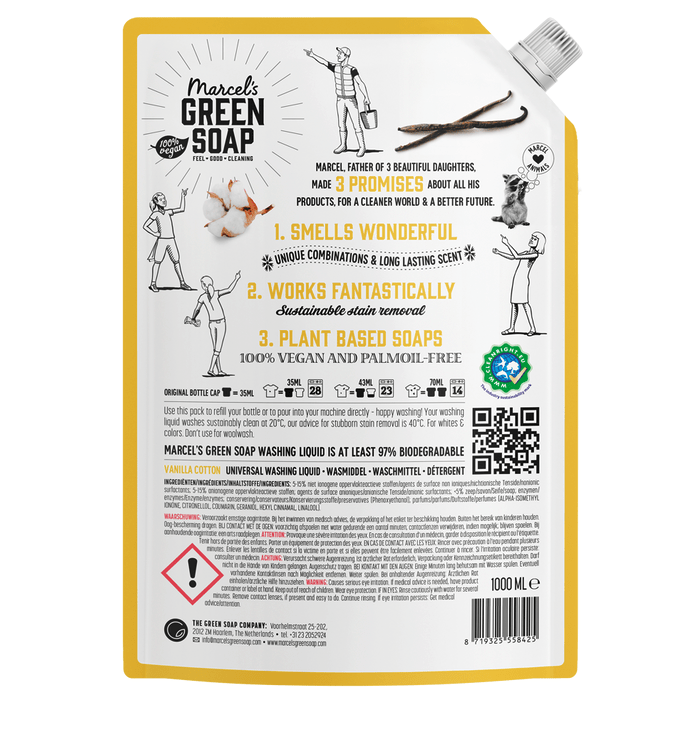 Marcel's Green Soap Wasmiddel Navulverpakking Universeel Vanille & Katoen - 1L – extra afbeelding 1