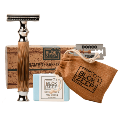 Set met safety razor, juten meeneemzakje en natuurlijke scheerzeep