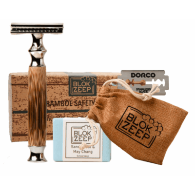 Set met safety razor, juten meeneemzakje en natuurlijke scheerzeep