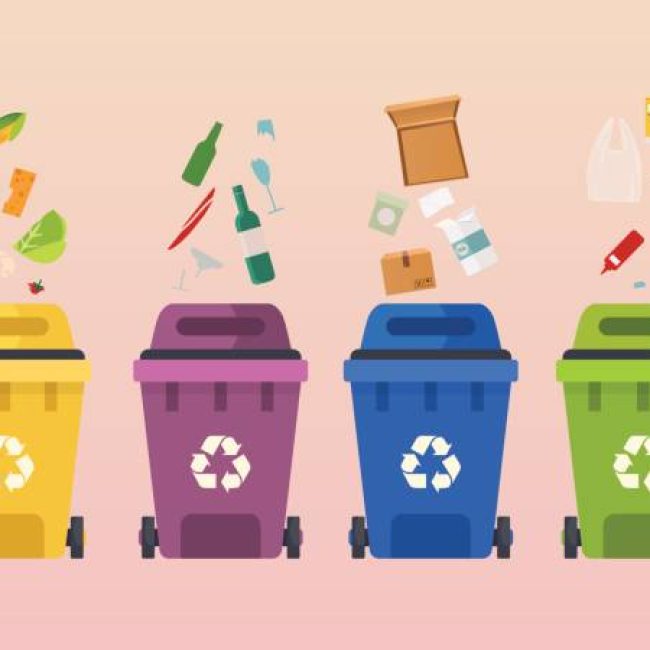 Recycle garbage bins. Waste types segregation recycling: organic, paper, glass waste. Flat design modern vector illustration concept.